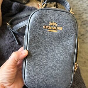 COACH Black Pebbled Leather Crossbody Phone Pouch with Gold Hardware